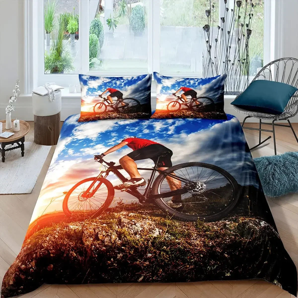 Mountain Biking Game - ชุดเครื่องนอนลายไท-ได ลายจักรยานเสือภูเขา สำหรับตกแต่งบ้าน ผ้าห่มนวม ปลอกหมอน ผ้าปูที่นอน