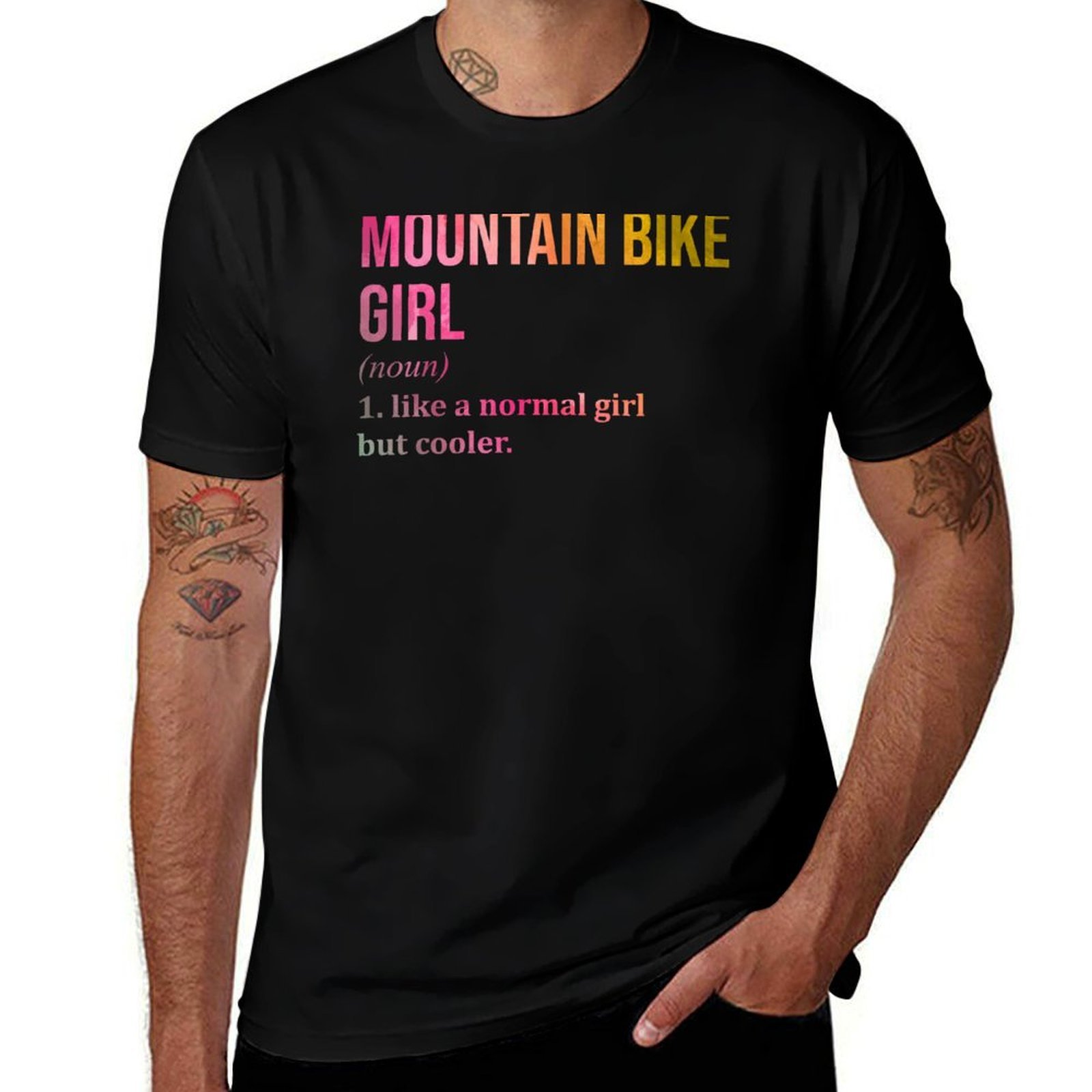 Mountain Biking Definition - เสื้อยืดลายสาวนักปั่นจักรยานเสือภูเขาแบบสีน้ำ เสื้อยืดพื้นฐานสีพื้นสำหรับใช้ในชีวิตประจำวัน
